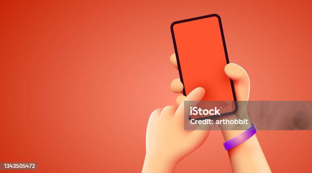 Holding Phone In Two Hands Phone Mockup Editable Smartphone Template Touching Screen With Finger Stock Illustration - Download Image Now