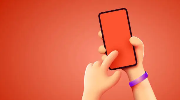 Vector illustration of Holding phone in two hands. Phone mockup. Editable smartphone template. Touching screen with finger.