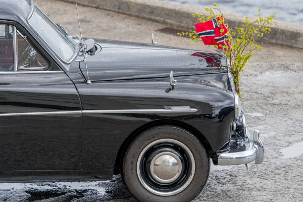ULSTEINVIK, NORWAY - 2020 MAY 17. Old car ready for national day celebration in Norway