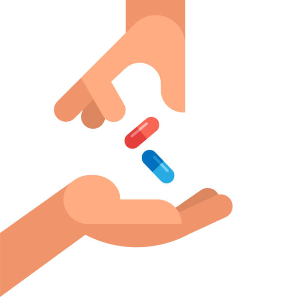 zbliżenie ręki podającej leki do innej koncepcji ręki. nowoczesna prosta płaska ilustracja. - red pills stock illustrations