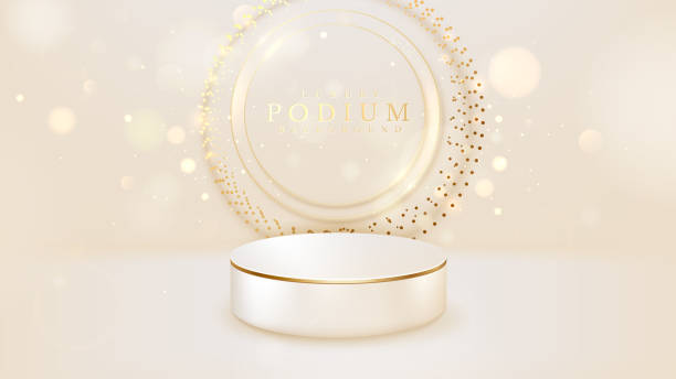 istock Product podium and sparkle golden circle line with blur style bokeh elements, 3d luxury background. vector illustration backdrop design. 1343511890