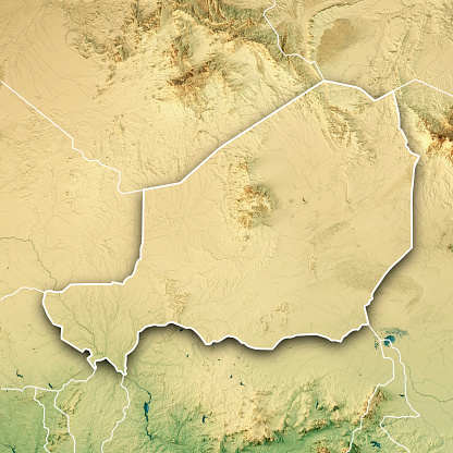 3D Render of a Topographic Map of Niger. Version with Country Boundaries.\nAll source data is in the public domain.\nColor texture: Made with Natural Earth. \nhttp://www.naturalearthdata.com/downloads/10m-raster-data/10m-cross-blend-hypso/\nRelief texture: SRTM data courtesy of NASA JPL (2020). URL of source image: \nhttps://e4ftl01.cr.usgs.gov//DP133/SRTM/SRTMGL3.003/2000.02.11\nWater texture: SRTM Water Body SWDB:\nhttps://dds.cr.usgs.gov/srtm/version2_1/SWBD/\nBoundaries Level 0: Humanitarian Information Unit HIU, U.S. Department of State (database: LSIB)\nhttp://geonode.state.gov/layers/geonode%3ALSIB7a_Gen
