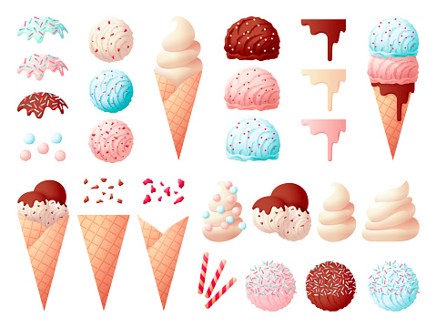 Tasty ice cream elements. Dessert constructor, candies and creamy balls. Waffle cones, liquid jam and chocolate. Isolated sweets swanky vector set. Illustration of ice cream dessert cone