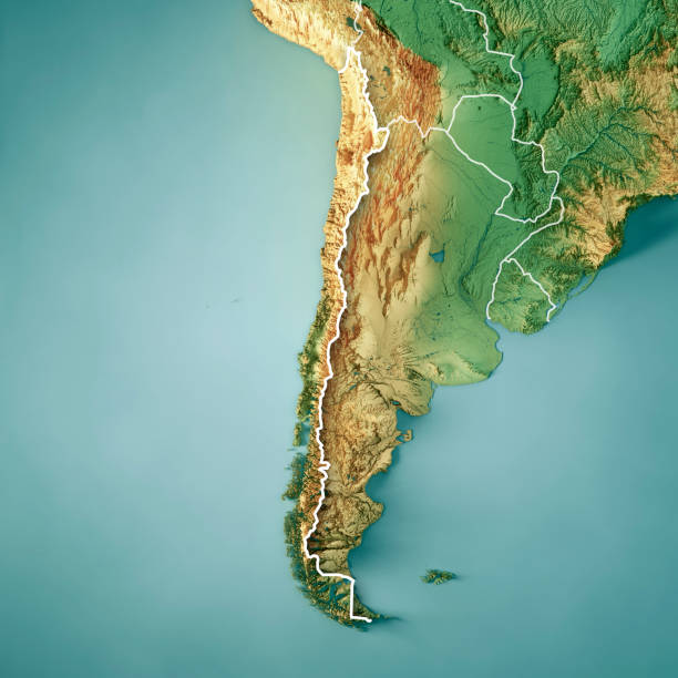 chile 3d render mapa topográfico color borde - chile map topography topographic map fotografías e imágenes de stock