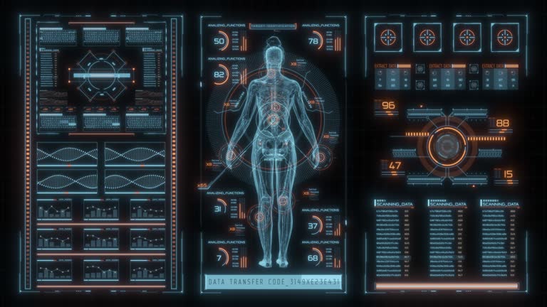 Abstract technology ui futuristic concept hud interface hologram elements of digital data chart, communication, computing, human body digital health care, health future design on hi tech background.