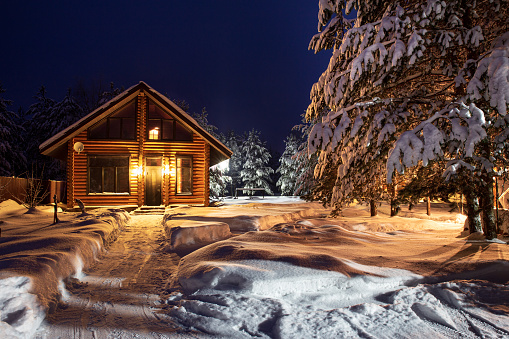 A path in the courtyard leading to a village log house, snow-covered pine trees, a fabulous winter night. Rural beautiful winter landscape. Renting suburban housing, real estate. New Year, Christmas.