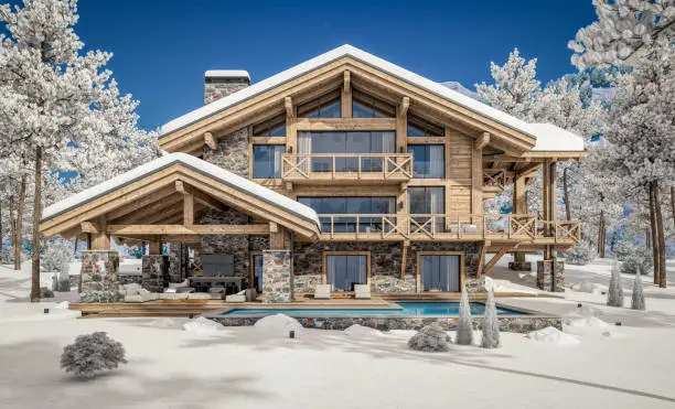 3d rendering of modern cozy chalet with pool and parking for sale or rent. Beautiful forest mountains on background. Massive timber beams columns. Cool winter day with shiny white snow.