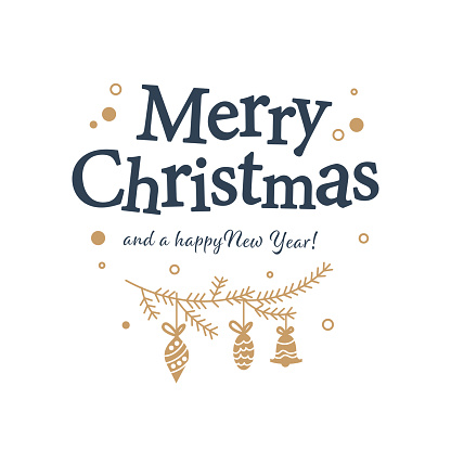 Merry Christmas congratulation design with text greeting and gold fir tree branch and hanging toys isolated. Vector flat illustration. For cards, banners, prints, packaging, invitations, tags.