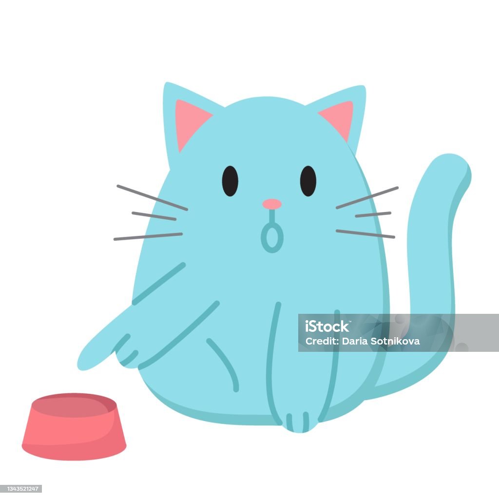 Kartun Kucing Gemuk Biru Menunjuk Ke Mangkuk Kosong Ilustrasi Vektor