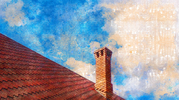 푸른 하늘에 굴뚝이있는 갈색 지붕. 오두막이나 컨트리 하우스의 타일 지붕. - paintings canvas cottage painted image 뉴스 사진 이미지
