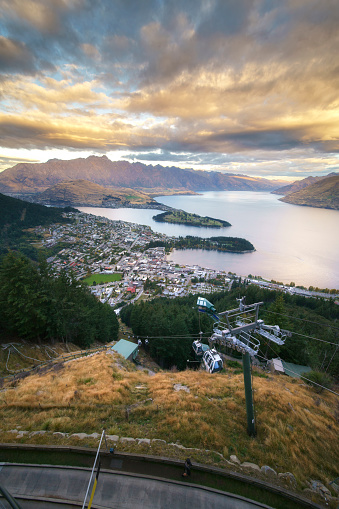 Aerial view of twilight Queenstown.  This is the most popular and famous tourist destination and attraction in New Zealand.