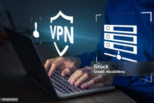 Vpn Secure Connection Concept Person Using Virtual Private Network Technology On Laptop Computer To Create Encrypted Tunnel To Remote Server On Internet To Protect Data Privacy Or Bypass Censorship Stock Photo - Download Image Now