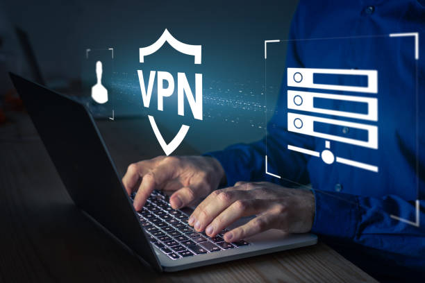 vpn secure connection concept. person using virtual private network technology on laptop computer to create encrypted tunnel to remote server on internet to protect data privacy or bypass censorship - computer software tunnel data technology imagens e fotografias de stock