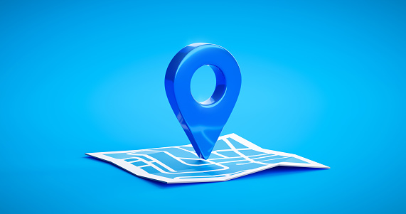 Símbolo de ubicación azul pin icono signo o localizador de navegación mapa de desplazamiento dirección gps puntero y marcador lugar posición punto elemento de diseño en ruta gráfico marca carretera fondo de destino. Renderizado 3D. photo