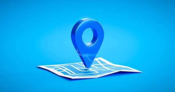 Blue location symbol pin icon sign or navigation locator map travel gps direction pointer and marker place position point design element on route graphic road mark destination background. 3D render. Blue location symbol pin icon sign or navigation locator map travel gps direction pointer and marker place position point design element on route graphic road mark destination background. 3D render. distance sign stock pictures, royalty-free photos & images