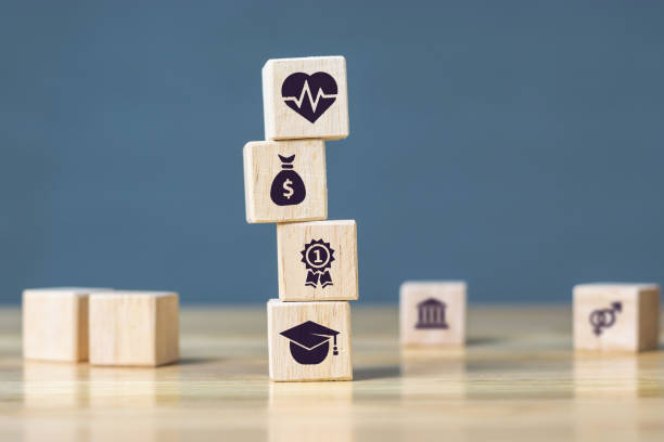 istock Wooden cube with money, success, education, health, basic concepts of human needs. 1343525189