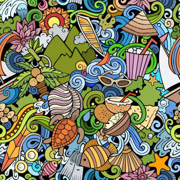 Vector illustration of Cartoon doodles Mauritus seamless pattern.