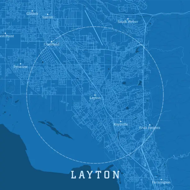 Vector illustration of Layton UT City Vector Road Map Blue Text