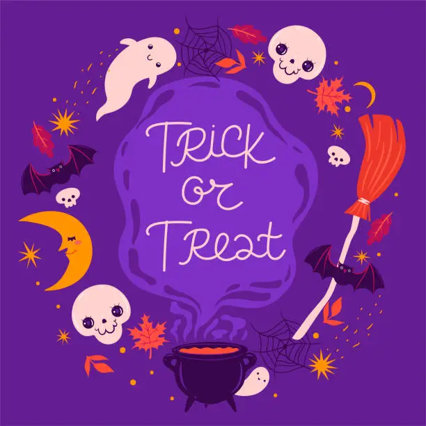 Vector illustration of Halloween frame with cute elements. Vector graphics.