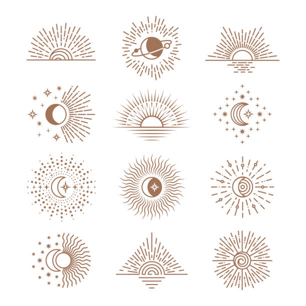 ilustraciones, imágenes clip art, dibujos animados e iconos de stock de línea luna y sol. dibujando saturno, estrellas, fases de lunas de estilo boho. arte de contorno cósmico, media luna y símbolo de astronomía, alquimia mística conjunto de vectores ordenados - tatuajes del sol