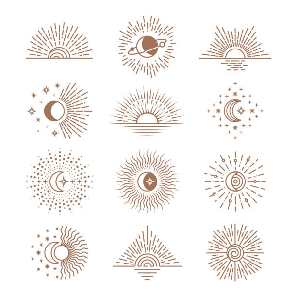 Line moon and sun. Drawing saturn, stars, boho style moons phases. Cosmic outline art, crescent and astronomy symbol, mystic alchemy tidy vector set Line moon and sun. Drawing saturn, stars, boho style moons phases. Cosmic outline art, crescent and astronomy symbol, mystic alchemy tidy vector set. Illustration of sun and moon mystic astronomy moon icons stock illustrations