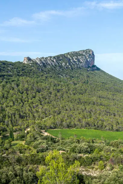 Pic Saint-Loup mountain view, jagged limestone features all over its lenght, and even impressive vertical cliffs in Languedoc-Roussillon, southern France