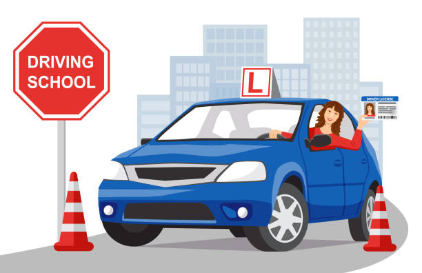 ilustrações de stock, clip art, desenhos animados e ícones de a smiling girl sits in a blue training car and shows her driver license. city landscape in the background. design concept driving school or learning to drive. - driving training car safety