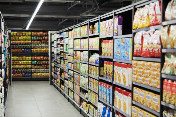 Shot of a empty aisle in a supermarket stock photo