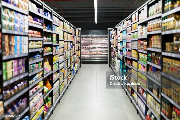 Shot Of A Empty Aisle In A Supermarket Stock Photo - Download Image Now - Supermarket, Aisle, Shelf