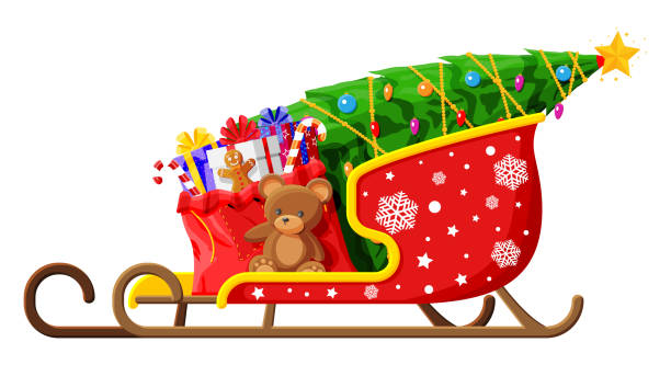 ilustrações, clipart, desenhos animados e ícones de trenó de papai noel com caixas de presentes, brinquedos e árvore - santa claus sleigh toy christmas