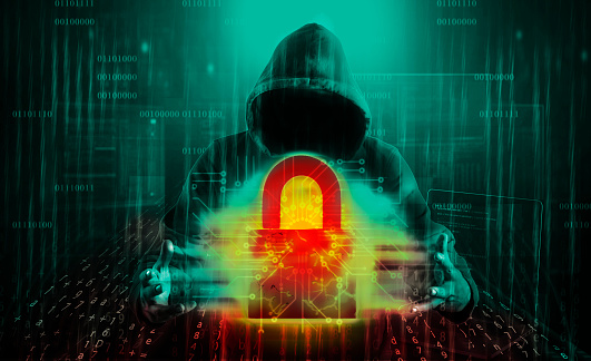 cyber security concept with a hooded hacker and binary code background