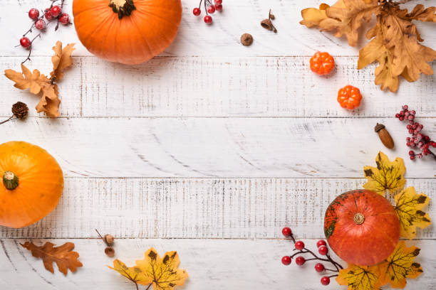 istock Decor from pumpkins, berries and leaves on white rustic wooden background. Concept of Thanksgiving day or Halloween. Top view festive autumn composition with copy space. 1343547038