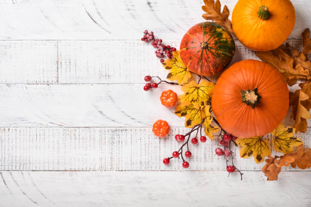 istock Decor from pumpkins, berries and leaves on white rustic wooden background. Concept of Thanksgiving day or Halloween. Top view festive autumn composition with copy space. 1343547049