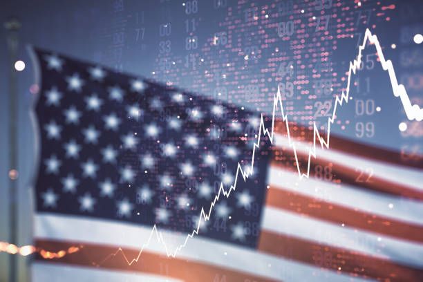 istock Abstract creative financial graph interface and world map on USA flag and sunset sky background, forex and investment concept. Multiexposure 1343547356