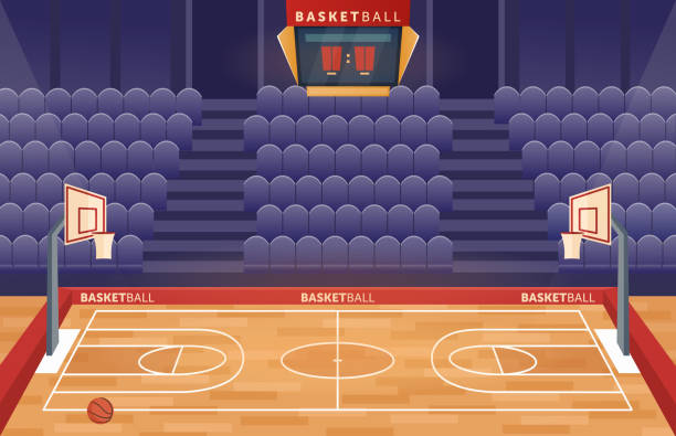 Basketball court arena stadium, cartoon empty hall field to play basketball team game Basketball court arena stadium vector illustration. Cartoon empty hall field to play basketball team game, hoop for balls and seats for fan sector spectators, timer scoreboard indoor sport playground scoreboard stadium sport seat stock illustrations