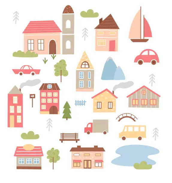 Vector illustration of Cute town houses set, cartoon tiny home funny buildings of city or village collection