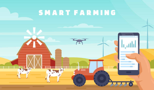 Smart farming agriculture technology, vartoon farmer hands holding mobile smartphone Smart farming agriculture technology vector illustration. Cartoon farmer hands holding mobile smartphone, using tech innovation for management of agricultural tractor machinery, drone, wind turbines precision agriculture stock illustrations