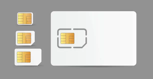 Vector illustration of Realistic white simcards for mobile telephone smartphone collection with cellular gold micro chips for cellphone contact connection, wireless gsm technology. Phone sim card.