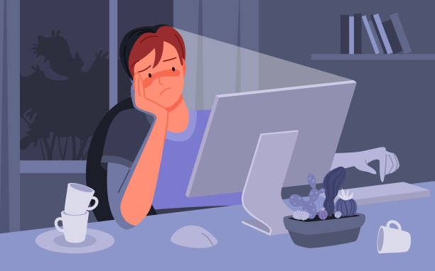 Freelance worker sitting at night to work hard, depressed bored unhappy man working late Freelance worker sitting at night to work hard vector illustration. Cartoon depressed bored unhappy man character working late at home, overworked young male student or freelancer writing background man writing stock illustrations