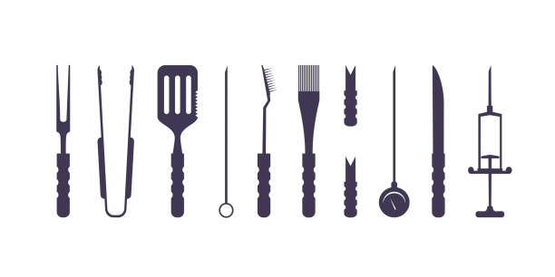 SVG. BBQ, grill, barbecue accessories, utensils, tools, equipment. Cutlery. SVG. BBQ, grill, barbecue accessories, utensils, tools, equipment. Cutlery. Vector for plotter. Flat isolated vector illustration. Thermometer, meat Injector, claws, fork, tongs, spatula, skewer, knife. Cooking meal. roasted prime rib illustrations stock illustrations