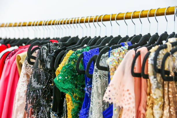 istock luxury colorful dresses are on hangers 1343549366
