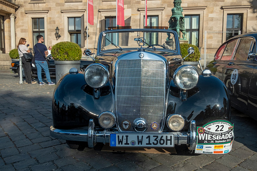 Wiesbaden, Germany - 24. September  2021:   the Mercedes Benz 170 Cabrio reaches the final goal  of the Oldtimer ralley Wiesbaden in Wiesbaden after a challenge in the Rheingau, Germany.
