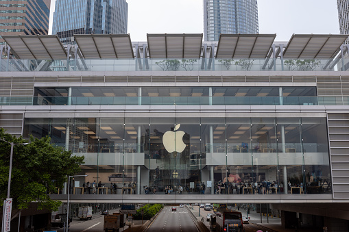 Hong Kong - September 28, 2021 : General view of the Apple store in Central District, Hong Kong. iPhone 13, iPhone 13 Pro, new iPad and iPad mini go on sale on September 24, 2021 in Hong Kong,