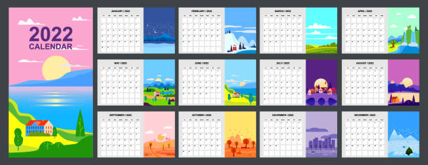2022 Calendar Planner minimalistic landscape natural backgrounds of four seasons. Winter, Spring, Summer, Autumn. Monthly template for diary business. Week Starts Sunday. Vector isolated 2022 Calendar Planner minimalistic landscape natural backgrounds of four seasons. Winter, Spring, Summer, Autumn. Monthly template for diary business. Week Starts Sunday. Vector isolated illustration july illustrations stock illustrations