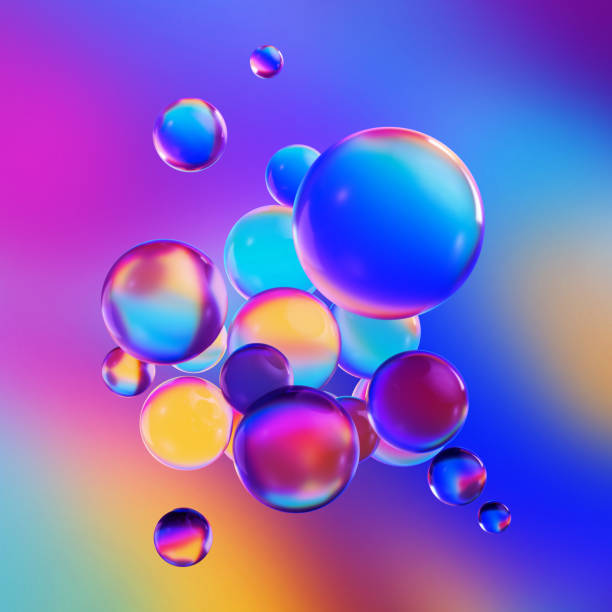 istock 3d render, abstract background with colorful glass balls or iridescent bubbles, microscopic macro 1343552859