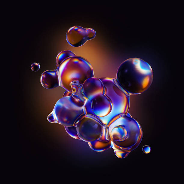 istock 3d render, abstract colorful iridescent bubbles isolated on black background, scientific macro 1343552886