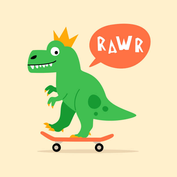 dinosaurus cartoon illustration T-Rex on skateboard vector hand drawn illustration for kids book, poster, card. Cute dinosaurs character. dinosaur rawr stock illustrations