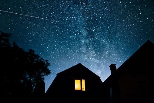 The Milky Way. summer night sky with stars. Starfall.The Perseids, one of the most powerful meteor showers on the night of August 12-13.Background. selective focusing on the starry sky, night shooting