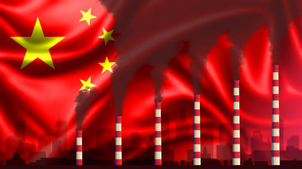 CO2 emissions into the atmosphere. Chimneys with black smoke against the background of the China flag. Industrial air pollution concept, Environmental pollution by carbon dioxide. stock photo