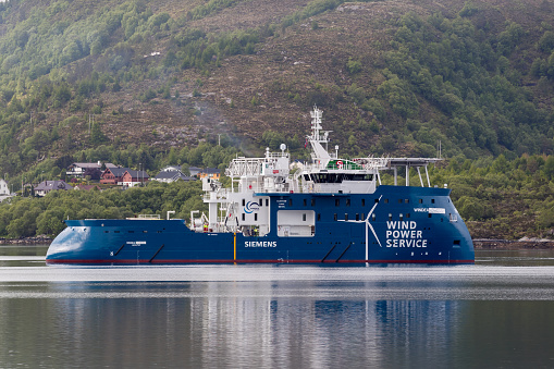 ULSTEINVIK, NORWAY - 2016 JULY 06. Windea Wind Power Service Vessel in the Norwegian fjord for sea trail.